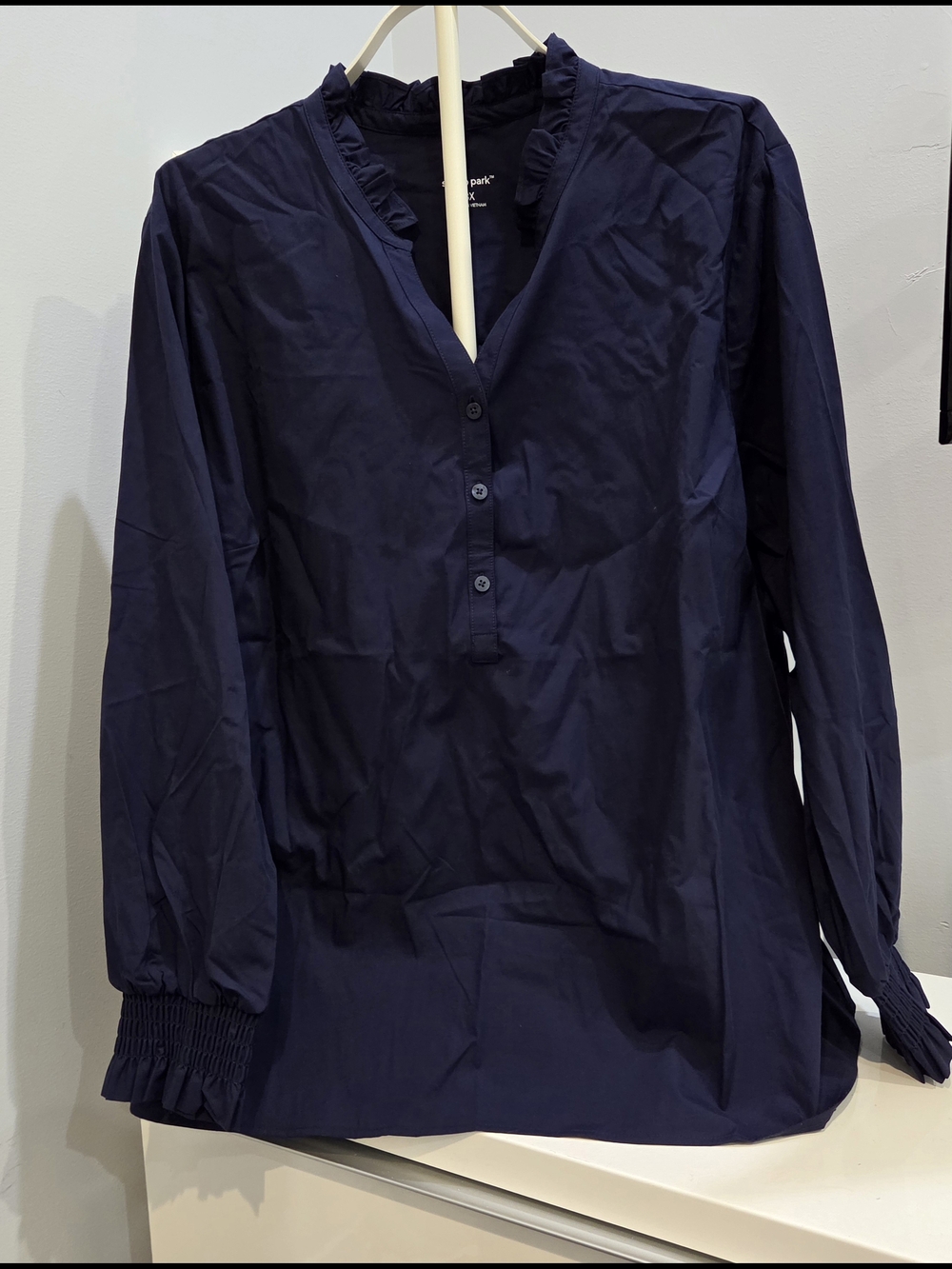 Studio Park  Women’s Navy Ruffle V-Neck Button Blouse
